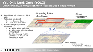 auro@shatterline.com 27
You-Only-Look-Once (YOLO)
Do Away with Dual Networks (RPN + Classifier), Use a Single Network
•  Divide Image into a S=7 x S=7 grid of
cells
•  Within each cell, predict
1.  B=2 Bounding Boxes
2.  C=20 Class Probabilities
•  Each Bounding Box predicts 5
parameters
•  x, y, width, height, confidence
•  x, y is the center of the box relative
to the grid cell
•  Conditional class probability
(conditioned on the grid cell
containing an object)
Bounding Box +
Confidence
Class
Probability
•  Output of Network:
•  S * S * (5 * B + C)
•  7 * 7 *(5 * 2 + 20) = 1470 values
 