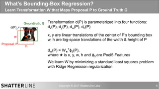 auro@shatterline.com 9
What’s Bounding-Box Regression?
Learn Transformation W that Maps Proposal P to Ground Truth G
Groundtruth, G
Proposal, P
d(P)
d★(P) = W★
T
ϕ5(P),
where ★ is x, y, w, h and ϕ5 are Pool5 Features
Transformation d(P) is parameterized into four functions:
dx(P), dy(P), dw(P), dh(P)
x, y are linear translations of the center of P’s bounding box
w, h are log-space translations of the width & height of P
We learn W by minimizing a standard least squares problem
with Ridge Regression regularization
x, y
w
h
 