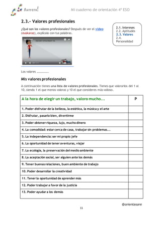 Aurrera! Mi cuaderno de orientación 4º ESO
@orientasare
11
2.3.- Valores profesionales
¿Qué son los valores profesionales? Después de ver el vídeo
(euskaraz), explícalo con tus palabras.
Los valores …………….
Mis valores profesionales
A continuación tienes una lista de valores profesionales. Tienes que valorarlos del 1 al
10, siendo 1 el que menos valoras y 10 el que consideres más valioso.
A la hora de elegir un trabajo, valoro mucho... P
1. Poder disfrutar de la belleza, la estética, la música y el arte
2. Disfrutar, pasarlo bien, divertirme
3. Poder obtener riqueza, lujo, mucho dinero
4. La comodidad: estar cerca de casa, trabajar sin problemas...
5. La independencia: ser mi propio jefe
6. La oportunidad de tener aventuras, viajar
7. La ecología, la preservación del medio ambiente
8. La aceptación social, ser alguien ante los demás
9. Tener buenas relaciones, buen ambiente de trabajo
10. Poder desarrollar la creatividad
11. Tener la oportunidad de aprender más
12. Poder trabajar a favor de la justicia
13. Poder ayudar a los demás
2.1. Intereses
2.2. Aptitudes
2.3. Valores
2.4.
Personalidad
2.5. Notas
 