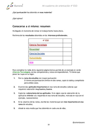 Aurrera! Mi cuaderno de orientación 4º ESO
@orientasare
18
¿Qué puntuación has obtenido en esas materias?
¿Qué opinas?
Conocerse a sí mismo: resumen
Ha llegado el momento de revisar el trabajo hecho hasta ahora.
Partimos de los resultados obtenidos en los intereses profesionales.
4º ESO
Ciencia-Tecnología
Biosanidad
Ciencias Sociales
Humanidades
Arte
Para completar la tabla de la siguiente página hemos partido de un ejemplo en verde
(Ciencia-Tecnología), con las competencias y notas correspondientes. Tú tienes que
poner las tuyas en su lugar.
1. Pon tu rama de estudios con mayor puntuación
Si tienes una puntuación similar en dos ramas, copia la tabla y complétala
para ambos casos.
2. Enumera las aptitudes importantes en esa rama de estudios (sólo las que
requieren valoración muy buena y buena.
3. Copia las valoraciones de tus aptitudes. Si en algún caso la valoración de tu
aptitud es inferior a la requerida en esa rama de estudios, márcala en rojo (en el
ejemplo, razonamiento)
4. En la columna de las notas, escribe las materias que son más importantes en esa
rama de estudios;
5. Añade la nota media que has obtenido en cada una de ellas.
 
