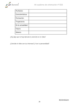 Aurrera! Mi cuaderno de orientación 4º ESO
@orientasare
24
Profesión
Características
Formación
Trayectoria
En la actualidad
Futuro
Género
¿Hay algo que te haya llamado la atención en el vídeo?
¿Coincide el vídeo con tus intereses? ¿Y con tu personalidad?
 