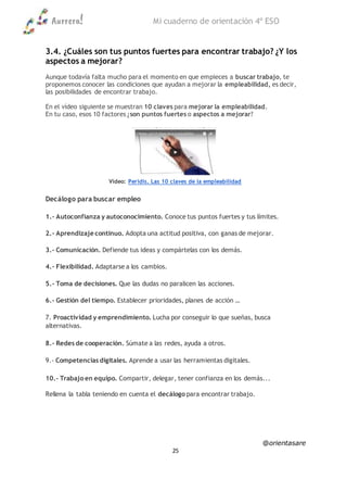 Aurrera! Mi cuaderno de orientación 4º ESO
@orientasare
25
3.4. ¿Cuáles son tus puntos fuertes para encontrar trabajo? ¿Y los
aspectos a mejorar?
Aunque todavía falta mucho para el momento en que empieces a buscar trabajo, te
proponemos conocer las condiciones que ayudan a mejorar la empleabilidad, es decir,
las posibilidades de encontrar trabajo.
En el vídeo siguiente se muestran 10 claves para mejorar la empleabilidad.
En tu caso, esos 10 factores ¿son puntos fuertes o aspectos a mejorar?
Vídeo: Peridis. Las 10 claves de la empleabilidad
Decálogo para buscar empleo
1.- Autoconfianza y autoconocimiento. Conoce tus puntos fuertes y tus límites.
2.- Aprendizaje continuo. Adopta una actitud positiva, con ganas de mejorar.
3.- Comunicación. Defiende tus ideas y compártelas con los demás.
4.- Flexibilidad. Adaptarse a los cambios.
5.- Toma de decisiones. Que las dudas no paralicen las acciones.
6.- Gestión del tiempo. Establecer prioridades, planes de acción …
7. Proactividad y emprendimiento. Lucha por conseguir lo que sueñas, busca
alternativas.
8.- Redes de cooperación. Súmate a las redes, ayuda a otros.
9.- Competencias digitales. Aprende a usar las herramientas digitales.
10.- Trabajo en equipo. Compartir, delegar, tener confianza en los demás...
Rellena la tabla teniendo en cuenta el decálogo para encontrar trabajo.
 