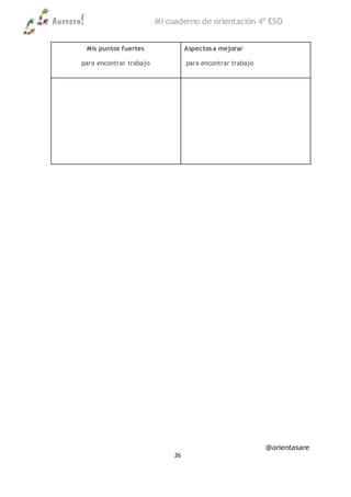 Aurrera! Mi cuaderno de orientación 4º ESO
@orientasare
26
Mis puntos fuertes
para encontrar trabajo
Aspectos a mejorar
para encontrar trabajo
 