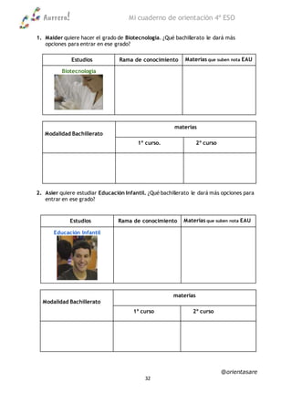 Aurrera! Mi cuaderno de orientación 4º ESO
@orientasare
32
1. Maider quiere hacer el grado de Biotecnologia. ¿Qué bachillerato le dará más
opciones para entrar en ese grado?
Estudios Rama de conocimiento Materias que suben nota EAU
Biotecnologia
Modalidad Bachillerato
materias
1º curso. 2º curso
2. Asier quiere estudiar Educación Infantil. ¿Qué bachillerato le dará más opciones para
entrar en ese grado?
Estudios Rama de conocimiento Materias que suben nota EAU
Educación Infantil
Modalidad Bachillerato
materias
1º curso 2º curso
 