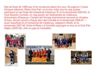 Des de finals de 1999 que m'he muntat els patins fins avui. He jugat en 3 clubs d'hoquei diferents, Ribes Club Patí, on el meu millor any ho vaig acabar participant en les finals del campionat Catalunya ‘B’ en la temporada 2004-05, el Club Esportiu Cornellà, on vaig assolir ser Sotscampió de Catalunya, Sotscampió d'Espanya i Campió del Torneig Internacional Jeuneve en Ginebra, Suïssa, donant suport a l'equip aleví del Cornellà en la temporada 2006-07,  i quart classificat en el Campionat de Catalunya, categoria infantil, en la temporada 2007-08. Entre el Ribes i el Cornellà vaig jugar un any en el Club Patí Sitges (2005-06), club on jugo en l'actualitat. 
