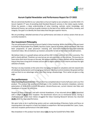 Aurum Capital Newsletter and Performance Report for CY 2022
We are extremely thankful to our subscribers at Aurum Capital ...