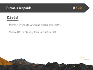 Pirmais iespaids
Kāpēc?
10 / 20
• Pirmais iespaids veidojas dažās sekundēs
• Vizbiežāk otrās iespējas var arī nebūt
 