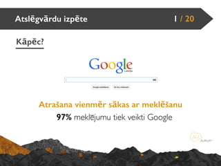 Atslēgvārdu izpēte
Atrašana vienmēr sākas ar meklēšanu
97% meklējumu tiek veikti Google
Kāpēc?
1 / 20
 