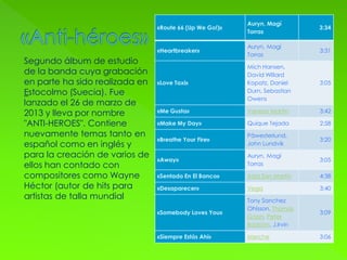 «Route 66 (Up We Go!)»
Auryn, Magí
Torras
3:34
«Heartbreaker»
Auryn, Magí
Torras
3:31
«Love Taxi»
Mich Hansen,
David Willard
Kopatz, Daniel
Durn, Sebastian
Owens
3:05
«Me Gusta» Vanesa Martín 3:42
«Make My Day» Quique Tejada 2:58
«Breathe Your Fire»
Päwesterlund,
John Lundvik
3:20
«Away»
Auryn, Magí
Torras
3:05
«Sentado En El Banco» Xabi San Martín 4:38
«Desaparecer» Vega 3:40
«Somebody Loves You»
Tony Sanchez
Ohlsson, Thomas
G:son, Peter
Boström, J.Irvin
3:09
«Siempre Estás Ahí» Merche 3:06
Segundo álbum de estudio
de la banda cuya grabación
en parte ha sido realizada en
Estocolmo (Suecia). Fue
lanzado el 26 de marzo de
2013 y lleva por nombre
"ANTI-HEROES". Contiene
nuevamente temas tanto en
español como en inglés y
para la creación de varios de
ellos han contado con
compositores como Wayne
Héctor (autor de hits para
artistas de talla mundial
 