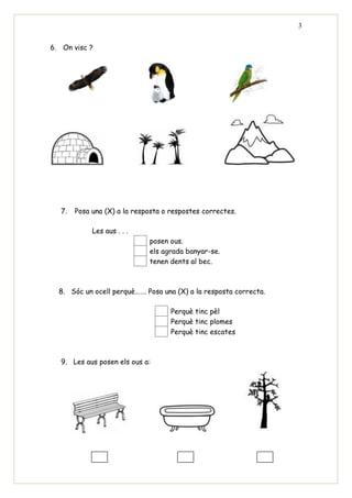 3


6. On visc ?




  7.   Posa una (X) a la resposta o respostes correctes.

            Les aus . . .
                             posen ous.
                             els agrada banyar-se.
                             tenen dents al bec.



  8. Sóc un ocell perquè……. Posa una (X) a la resposta correcta.

                                    Perquè tinc pèl
                                    Perquè tinc plomes
                                    Perquè tinc escates



  9. Les aus posen els ous a:
 