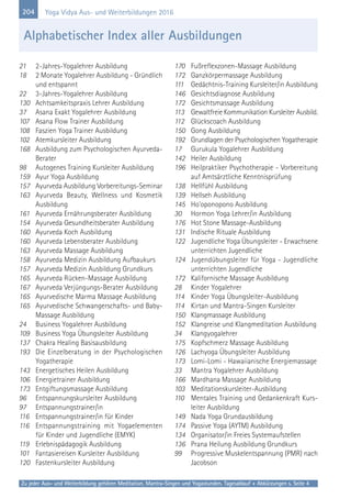 204
Zu jeder Aus- und Weiterbildung gehören Meditation, Mantra-Singen und Yogastunden. Tagesablauf + Abkürzungen s. Seite 4
Yoga Vidya Aus- und Weiterbildungen 2016
21 2-Jahres-Yogalehrer Ausbildung
18 2 Monate Yogalehrer Ausbildung - Gründlich
und entspannt
22 3-Jahres-Yogalehrer Ausbildung
130 Achtsamkeitspraxis Lehrer Ausbildung
37 Asana Exakt Yogalehrer Ausbildung
107 Asana Flow Trainer Ausbildung
108 Faszien Yoga Trainer Ausbildung
102 Atemkursleiter Ausbildung
168 Ausbildung zum Psychologischen Ayurveda-
Berater
98 Autogenes Training Kursleiter Ausbildung
159 Ayur Yoga Ausbildung
157 Ayurveda Ausbildung Vorbereitungs-Seminar
163 Ayurveda Beauty, Wellness und Kosmetik
Ausbildung
161 Ayurveda Ernährungsberater Ausbildung
154 Ayurveda Gesundheitsberater Ausbildung
160 Ayurveda Koch Ausbildung
160 Ayurveda Lebensberater Ausbildung
163 Ayurveda Massage Ausbildung
158 Ayurveda Medizin Ausbildung Aufbaukurs
157 Ayurveda Medizin Ausbildung Grundkurs
165 Ayurveda Rücken-Massage Ausbildung
167 Ayurveda Verjüngungs-Berater Ausbildung
165 Ayurvedische Marma Massage Ausbildung
165 Ayurvedische Schwangerschafts- und Baby-
Massage Ausbildung
24 Business Yogalehrer Ausbildung
109 Business Yoga Übungsleiter Ausbildung
137 Chakra Healing Basisausbildung
193 Die Einzelberatung in der Psychologischen
Yogatherapie
143 Energetisches Heilen Ausbildung
106 Energietrainer Ausbildung
173 Entgiftungsmassage Ausbildung
96 Entspannungskursleiter Ausbildung
97 Entspannungstrainer/in
116 Entspannungstrainer/in für Kinder
116 Entspannungstraining mit Yogaelementen
für Kinder und Jugendliche (EMYK)
119 Erlebnispädagogik Ausbildung
101 Fantasiereisen Kursleiter Ausbildung
120 Fastenkursleiter Ausbildung
170 Fußreflexzonen-Massage Ausbildung
172 Ganzkörpermassage Ausbildung
111 Gedächtnis-Training Kursleiter/in Ausbildung
146 Gesichtsdiagnose Ausbildung
172 Gesichtsmassage Ausbildung
113 Gewaltfreie Kommunikation Kursleiter Ausbild.
112 Glückscoach Ausbildung
150 Gong Ausbildung
192 Grundlagen der Psychologischen Yogatherapie
17 Gurukula Yogalehrer Ausbildung
142 Heiler Ausbildung
196 Heilpraktiker Psychotherapie - Vorbereitung
auf Amtsärztliche Kenntnisprüfung
138 Hellfühl Ausbildung
139 Hellseh Ausbildung
145 Ho'oponopono Ausbildung
30 Hormon Yoga Lehrer/in Ausbildung
176 Hot Stone Massage-Ausbildung
131 Indische Rituale Ausbildung
122 Jugendliche Yoga Übungsleiter - Erwachsene
unterrichten Jugendliche
124 Jugendübungsleiter für Yoga - Jugendliche
unterrichten Jugendliche
172 Kalifornische Massage Ausbildung
28 Kinder Yogalehrer
114 Kinder Yoga Übungsleiter-Ausbildung
114 Kirtan und Mantra-Singen Kursleiter
150 Klangmassage Ausbildung
152 Klangreise und Klangmeditation Ausbildung
34 Klangyogalehrer
175 Kopfschmerz Massage Ausbildung
126 Lachyoga Übungsleiter Ausbildung
173 Lomi-Lomi - Hawaiianische Energiemassage
33 Mantra Yogalehrer Ausbildung
166 Mardhana Massage Ausbildung
103 Meditationskursleiter-Ausbildung
110 Mentales Training und Gedankenkraft Kurs-
leiter Ausbildung
149 Nada Yoga Grundausbildung
174 Passive Yoga (AYTM) Ausbildung
134 Organisator/in Freies Systemaufstellen
136 Prana Heilung Ausbildung Grundkurs
99 Progressive Muskelentspannung (PMR) nach
Jacobson
Alphabetischer Index aller Ausbildungen
 