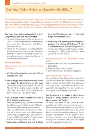 48
Kursinformationen und Tagesablauf: s. Seite 4 + 47; Seminarleiter-Beschreibungen ab Seite 90
Yoga Vidya Aus- und Weiterbildungen 2016
Das Yoga Vidya 2-Jahres-Baustein-Zertifikat*
„Yogalehrer/in (BYV) im Bausteinsystem“
• hat einen besonders guten Ruf, da du hiermit
über 642 Unterrichtseinheiten nachweisen kannst
sowie zwei Jahre Gesamtaus- und Weiter-
bildungsdauer und
• ist von den Krankenkassen für die Qualifikation
als Yogalehrer/in anerkannt, so dass Teilnehmer
deiner Kurse diese im Rahmen der von den Kas-
sen dafür vorgesehenen Kostenbeteiligung er-
stattet bekommen können.*
Voraussetzungen
Absolventen der Yoga Vidya 4-Wochen-Intensiv
Ausbildung:
• 10 Weiterbildungswochenenden der Weiter-
bildungsreihe. Oder:
• Zwei 9-tägige Intensivweiterbildungen, wobei
eine davon die Weiterbildung A sein muss.
Dazu zählen die Weiterbildungen A1, A2, A3, A4,
A5 oder A6. Die zweite muss eine andere sein
(also nicht 2 × A), damit du auch bei einem an-
deren Thema in die Tiefe gehst.** Oder:
• Eine 9-tägige Intensiv-Weiterbildung und 5
Weiterbildungswochenenden.
Wenn die Weiterbildung A besucht wird, können
die 5 Wochenenden beliebig aus der 10 Weiter-
bildungswochenend-Reihe gewählt werden.
Ist die besuchte Intensiv-Weiterbildung eine an-
dere als A, müssen unter den 5 Wochenenden
„Hatha Yoga“, „Entspannung und Stressmana-
gement“, „Hatha Yoga und Sport“ sowie „Anato-
mie und Physiologie“ dabei sein. Oder:
• Yogatherapie-Ausbildung und eine 9-tägige
Intensiv-Weiterbildung oder 5 Weiterbil-
dungs-Wochenenden. Oder:
• Ausbildung zum psychologischen Yogathera-
peut und eine Intensiv-Weiterbildung A oder
5 Wochenenden der Weiterbildungsreihe, da-
runter „Hatha Yoga“, „Entspannung und Stress-
management“, „Hatha Yoga und Sport“ sowie
„Anatomie und Physiologie“
Absolventen der Sivananda Yoga Vedanta Center
(SYVC):
• Wie Absolventen der Yoga Vidya 4-Wochen-Aus-
bildung plus
• Probestunde/Vorstellstunde plus
• Schriftliche Prüfung (80 € Prüfungsgebühr)
Absolventen anderer Traditionen:
Kurz-Ausbildung, Yoga-Übungsleiter, andere nicht
von den Krankenkassen anerkannte Ausbildungen
haben ebenfalls die Möglichkeit, ihre Ausbildung
zum Yoga Vidya 2-Jahres-Bausteinzertifikat auf-
zustocken. Näheres auf Anfrage bei unserem Aus-
bildungsrat: ausbildung@yoga-vidya.de
Der Grundbaustein der 4-Wochen Intensivaus-
bildung ist dabei ebenfalls zerlegbar in 2×2
Wochen oder 4×1 Woche.
Du kannst dich gleich für die 2-Jahres-Baustein-
ausbildung anmelden oder dich erst nach der 4-
Wochen-Ausbildung entscheiden, ob und wie du
die weiteren Bausteine absolvierst. In der vierten
Woche der Intensivausbildung bekommst du ge-
naueste Informationen über die einzelnen Mög-
lichkeiten. Insgesamt muss sich die Bausteinaus-
bildung über mindestens zwei Jahre (seit Beginn
der Intensivausbildung) erstrecken.
Das Yoga Vidya 2-Jahres-Baustein-Zertifikat*
Die Weiterbildungen bieten allen Yogalehrern, die bereits die 4-Wochen Intensivausbildung
oder eine Ausbildung anderer Yogarichtungen absolviert haben, die Möglichkeit, einen von
den Krankenkassen anerkannten Status zu erreichen (bei entsprechender beruflicher Grund-
qualifikation, s.Seite 19). So kannst du deinen Qualifikationsnachweis deutlich aufwerten.
 