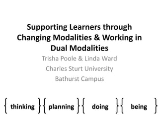 Supporting Learners through
Changing Modalities & Working in
Dual Modalities
Trisha Poole & Linda Ward
Charles Sturt University
Bathurst Campus

thinking

planning

doing

being

 