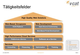 Tätigkeitsfelder

Inhalt
Profil

Tätigkeitsfelder
VCAT EDULABS
MaTSE-Ausbildung
Kontakt

25. Januar 2014

MaTSE @ VCAT

Seite 4

 
