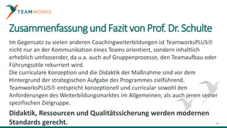 Zusammenfassungund Fazit vonProf. Dr. Schulte
10
Im Gegensatz zu vielen anderen Coachingweiterbildungen ist TeamworksPLUS
nicht nur an der Kommunikation eines Teams orientiert, sondern inhaltlich
erheblich umfassender, da u.a. auch auf Gruppenprozesse, den Teamaufbau oder
Führungsstile rekurriert wird.
Die curriculare Konzeption und die Didaktik der Maßnahme sind vor dem
Hintergrund der strategischen Aufgabe des Programmes zielführend.
TeamworksPLUS entspricht konzeptionell und curricular sowohl den
Anforderungen des Weiterbildungsmarktes im Allgemeinen, als auch jenen seiner
spezifischen Zielgruppe.
Didaktik, Ressourcen und Qualitätssicherung werden modernen
Standards gerecht.
 