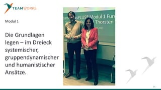 17
Modul 1
Die Grundlagen
legen – im Dreieck
systemischer,
gruppendynamischer
und humanistischer
Ansätze.
 