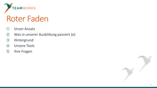 Roter Faden
① Unser Ansatz
② Was in unserer Ausbildung passiert (e)
③ Hintergrund
④ Unsere Tools
⑤ Ihre Fragen
2
 