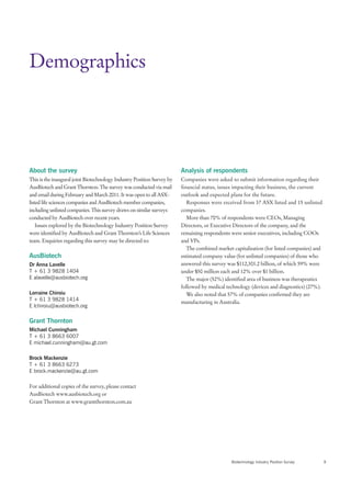 Demographics




About the survey                                                        Analysis of respondents
This is the inaugural joint Biotechnology Industry Position Survey by   Companies were asked to submit information regarding their
AusBiotech and Grant Thornton. The survey was conducted via mail        financial status, issues impacting their business, the current
and email during February and March 2011. It was open to all ASX-       outlook and expected plans for the future.
listed life sciences companies and AusBiotech member companies,            Responses were received from 37 ASX listed and 15 unlisted
including unlisted companies. This survey draws on similar surveys      companies.
conducted by AusBiotech over recent years.                                 More than 70% of respondents were CEOs, Managing
    Issues explored by the Biotechnology Industry Position Survey       Directors, or Executive Directors of the company, and the
were identified by AusBiotech and Grant Thornton’s Life Sciences        remaining respondents were senior executives, including COOs
team. Enquiries regarding this survey may be directed to:               and VPs.
                                                                           The combined market capitalisation (for listed companies) and
AusBiotech                                                              estimated company value (for unlisted companies) of those who
Dr Anna Lavelle                                                         answered this survey was $112,301.2 billion, of which 59% were
T + 61 3 9828 1404                                                      under $50 million each and 12% over $1 billion.
E alavelle@ausbiotech.org                                                  The major (52%) identified area of business was therapeutics
                                                                        followed by medical technology (devices and diagnostics) (27%).
Lorraine Chiroiu                                                           We also noted that 57% of companies confirmed they are
T + 61 3 9828 1414
                                                                        manufacturing in Australia.
E lchiroiu@ausbiotech.org

Grant Thornton
Michael Cunningham
T + 61 3 8663 6007
E michael.cunningham@au.gt.com

Brock Mackenzie
T + 61 3 8663 6273
E brock.mackenzie@au.gt.com

For additional copies of the survey, please contact
AusBiotech www.ausbiotech.org or
Grant Thornton at www.grantthornton.com.au




                                                                                              Biotechnology Industry Position Survey       9
 
