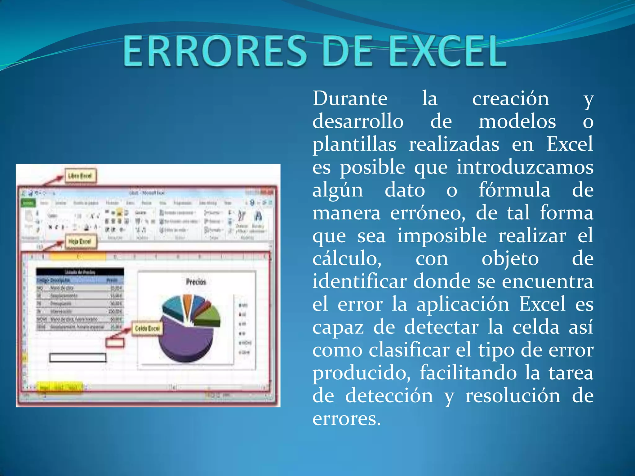 Durante      la   creación     y
desarrollo de modelos o
plantillas realizadas en Excel
es posible que introduzcamos
algún dato o fórmula de
manera erróneo, de tal forma
que sea imposible realizar el
cálculo,    con    objeto     de
identificar donde se encuentra
el error la aplicación Excel es
capaz de detectar la celda así
como clasificar el tipo de error
producido, facilitando la tarea
de detección y resolución de
errores.
 