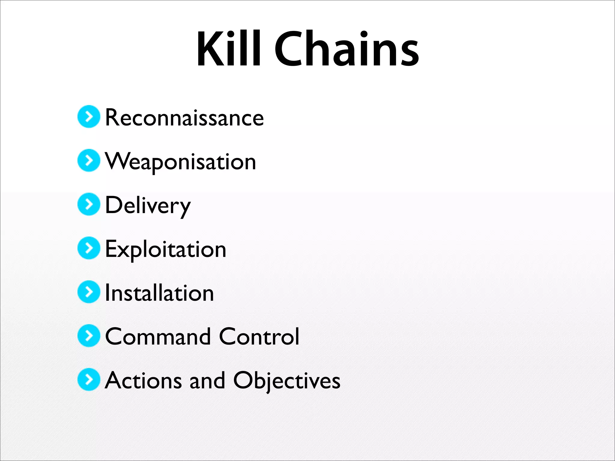Kill Chains
Reconnaissance
Weaponisation
Delivery
Exploitation
Installation
Command Control
Actions and Objectives
 