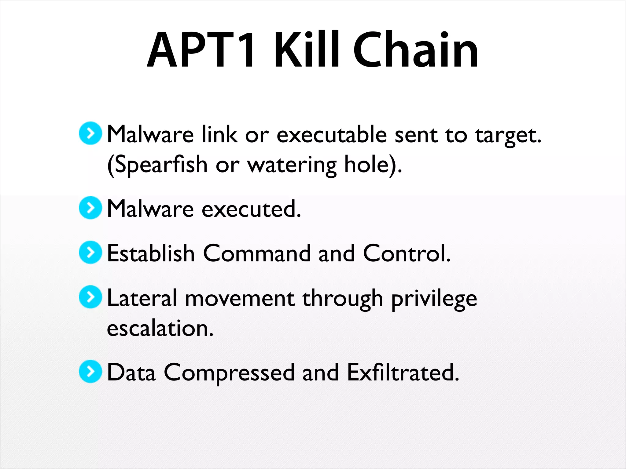 APT1 Kill Chain
Malware link or executable sent to target.
(Spearﬁsh or watering hole).
Malware executed.
Establish Command and Control.
Lateral movement through privilege
escalation.
Data Compressed and Exﬁltrated.
 