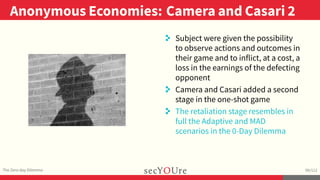 ..
Anonymous Economies: Camera and Casari 2
.
The Zero-day Dilemma
.
99/112
..
. Subject were given the possibility
to obs...