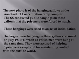 The next photo is of the hanging gallows at the Auschwitz 1 Concentration camp complex.  The SS conducted public hangings on these gallows that the prisoners were forced to watch. These hangings were used as an act of intimidation. The largest mass hanging on these gallows occurred on July 19, 1943 when 12 Polish men were hung at the same time. They were accused of helping 3 prisoners escape and for maintaining contact  with the outside world.  