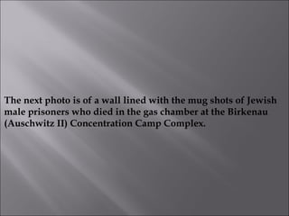 The next photo is of a wall lined with the mug shots of Jewish male prisoners who died in the gas chamber at the Birkenau  (Auschwitz II) Concentration Camp Complex. 