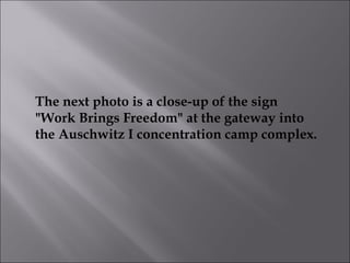 The next photo is a close-up of the sign "Work Brings Freedom" at the gateway into the Auschwitz I concentration camp complex. 