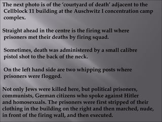 The next photo is of the ‘courtyard of death’ adjacent to the Cellblock 11 building at the Auschwitz I concentration camp complex. Straight ahead in the centre is the firing wall where prisoners met their deaths by firing squad. Sometimes, death was administered by a small calibre pistol shot to the back of the neck. On the left hand side are two whipping posts where prisoners were flogged.  Not only Jews were killed here, but political prisoners,  communists, German citizens who spoke against Hitler and homosexuals. The prisoners were first stripped of their clothing in the building on the right and then marched, nude, in front of the firing wall, and then executed.  