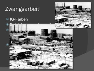 Zwangsarbeit IG-Farben Entstehung von Lager 3 Anlockung weiterer Unternehmen Steuervergünstigungen Kredite Häftlingsverleih 4 bis 8 RM pro Arbeiter 