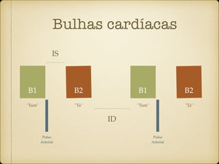 Bulhas cardíacas
B1 B2 B1 B2
"Tum" "Ta" "Tum" "Ta"
IS
ID
Pulso
Arterial
Pulso
Arterial
 