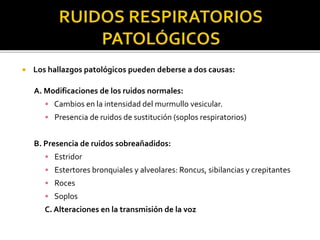  Los hallazgos patológicos pueden deberse a dos causas:
A. Modificaciones de los ruidos normales:
• Cambios en la intensidad del murmullo vesicular.
• Presencia de ruidos de sustitución (soplos respiratorios)
B. Presencia de ruidos sobreañadidos:
• Estridor
• Estertores bronquiales y alveolares: Roncus, sibilancias y crepitantes
• Roces
• Soplos
C. Alteraciones en la transmisión de la voz
 