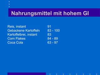 Nahrungsmittel mit hohem GI Reis, instant 91 Gebackene Kartoffeln 83 - 100 Kartoffelbrei, instant 83 Corn Flakes 84 - 89 Coca Cola 63 - 97 