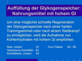 Auffüllung der Glykogenspeicher: Nahrungsmittel mit hohem GI Reis, instant   91   Corn Flakes   84 - 89 Gebackene Kartoffeln  83  Kartoffelbrei, instant   83  Um eine möglichst schnelle Regeneration  der Glykogenspeicher nach einer harten Trainingseinheit oder nach einem Wettkampf zu ermöglichen, wird die Aufnahme von Kohlenhydraten mit hohem GI empfohlen.   