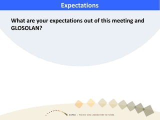 What are your expectations out of this meeting and
GLOSOLAN?
Expectations
 