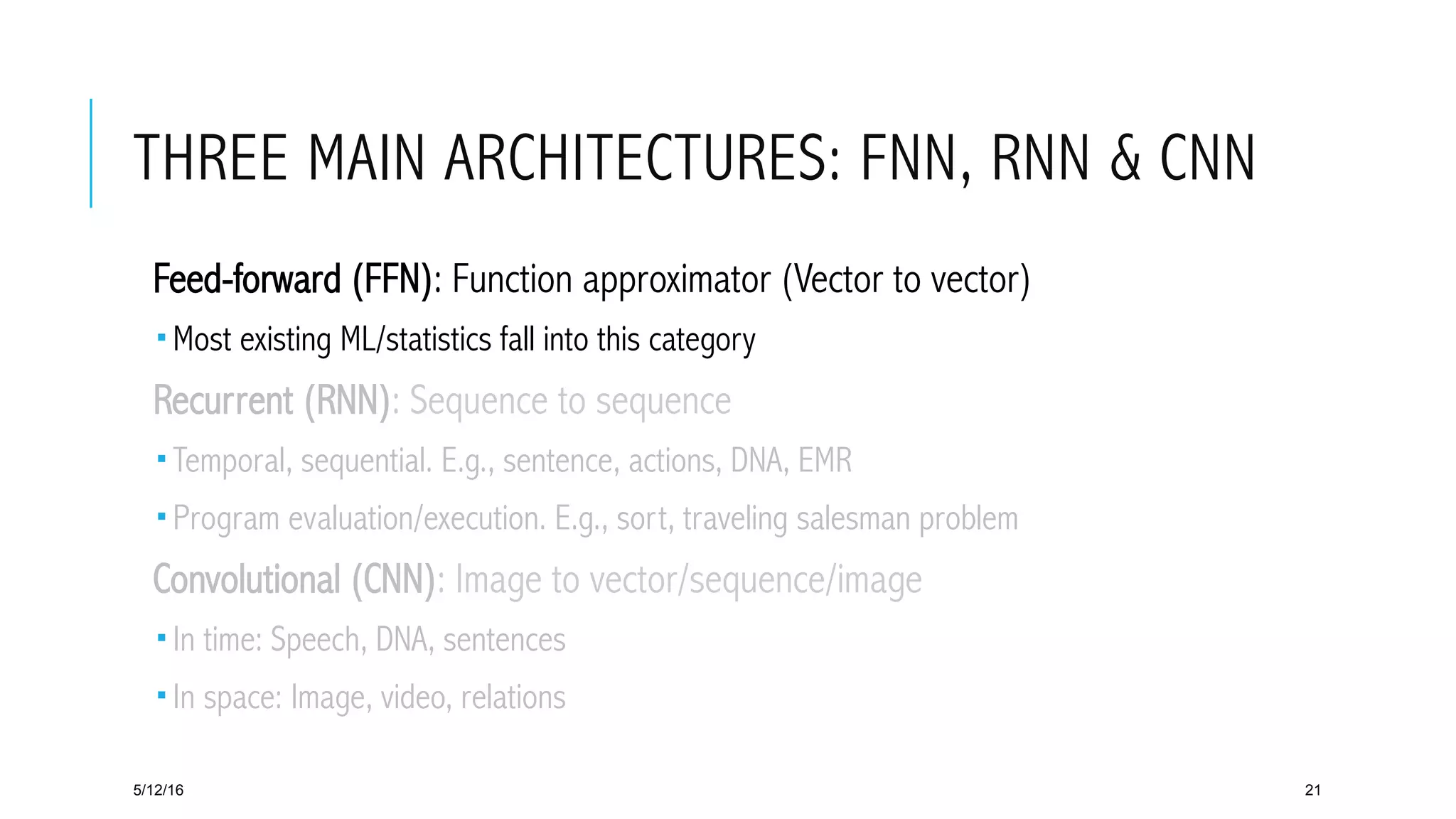 THREE MAIN ARCHITECTURES: FNN, RNN & CNN
 Feed-forward (FFN): Function approximator (Vector to vector)
­ Most existing ML/statistics fall into this category
 Recurrent (RNN): Sequence to sequence
­ Temporal, sequential. E.g., sentence, actions, DNA, EMR
­ Program evaluation/execution. E.g., sort, traveling salesman problem
 Convolutional (CNN): Image to vector/sequence/image
­ In time: Speech, DNA, sentences
­ In space: Image, video, relations
5/12/16 21
 