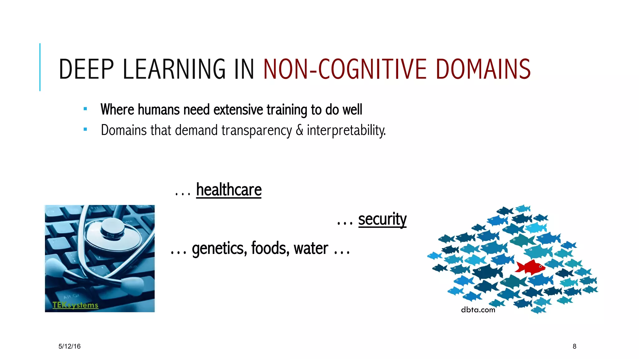 dbta.com
DEEP LEARNING IN NON-COGNITIVE DOMAINS
­  Where humans need extensive training to do well
­  Domains that demand transparency & interpretability.
  … healthcare
  … security
  … genetics, foods, water …
5/12/16 8
 TEKsystems
 