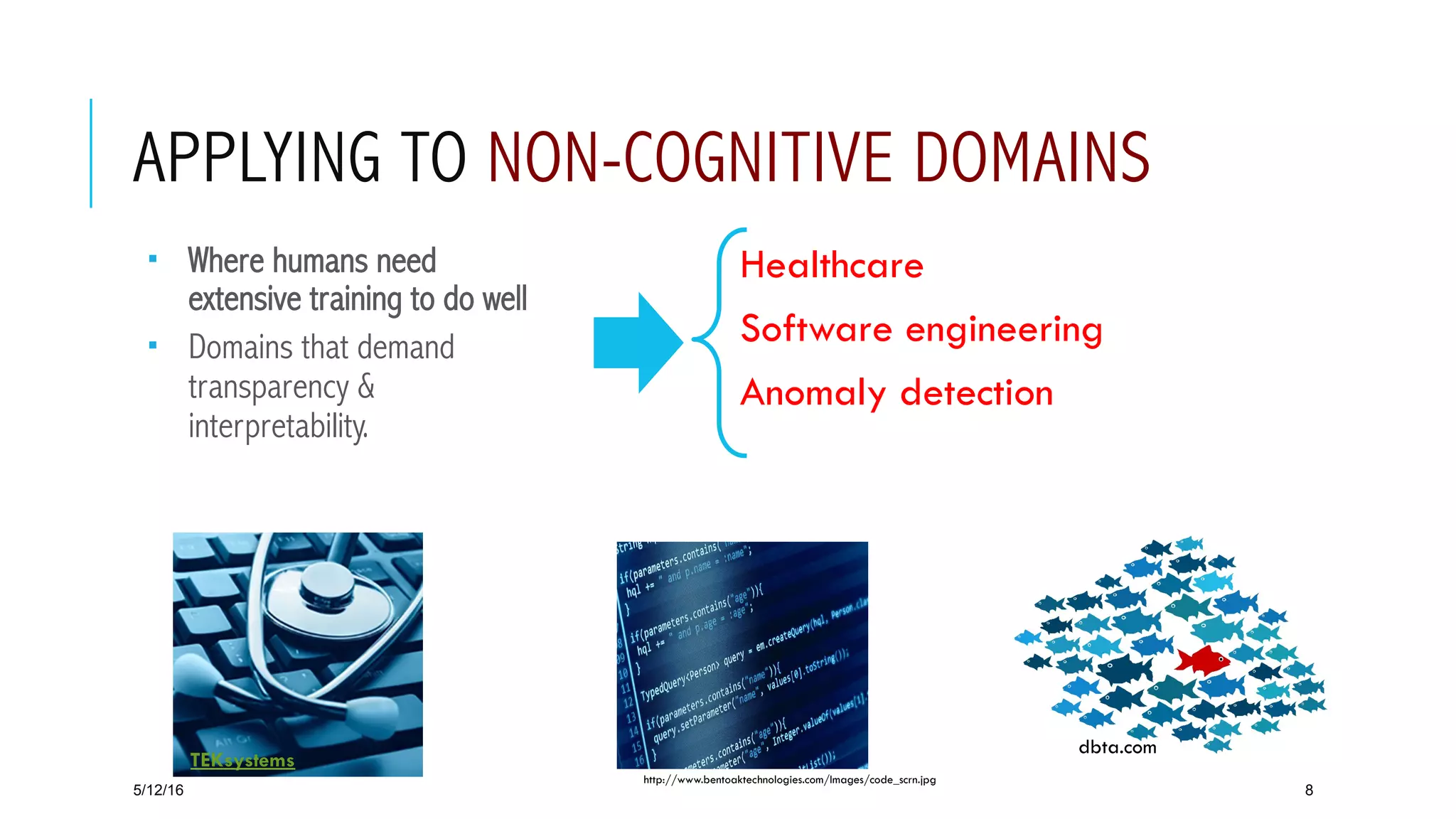  TEKsystems
dbta.com
APPLYING TO NON-COGNITIVE DOMAINS
­  Where humans need
extensive training to do well
­  Domains that demand
transparency &
interpretability.
5/12/16 8
Healthcare
Software engineering
Anomaly detection
http://www.bentoaktechnologies.com/Images/code_scrn.jpg
 