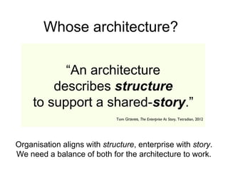 “An architecture
describes structure
to support a shared-story.”
Whose architecture?
Organisation aligns with structure, enterprise with story.
We need a balance of both for the architecture to work.
Tom Graves, The Enterprise As Story, Tetradian, 2012
 