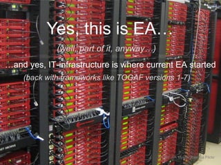 Yes, this is EA…
(well, part of it, anyway…)
CC-BY-SA MysteryBee via Flickr
…and yes, IT-infrastructure is where current EA started
(back with frameworks like TOGAF versions 1-7)
 