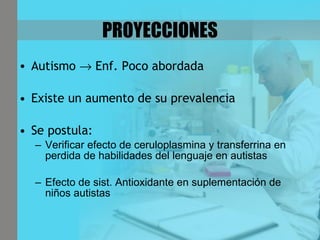 PROYECCIONES Autismo    Enf. Poco abordada Existe un aumento de su prevalencia Se postula: Verificar efecto de ceruloplasmina y transferrina en perdida de habilidades del lenguaje en autistas Efecto de sist. Antioxidante en suplementación de niños autistas 