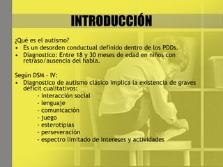 INTRODUCCIÓN ¿Qué es el autismo? Es un desorden conductual definido dentro de los PDDs. Diagnostico: Entre 18 y 30 meses de edad en niños con retraso/ausencia del habla. Según DSM – IV: Diagnostico de autismo clásico  implica la existencia de graves déficit cualitativos: - interacción social - lenguaje - comunicación - juego  - esterotipias - perseveración - espectro limitado de intereses y actividades 