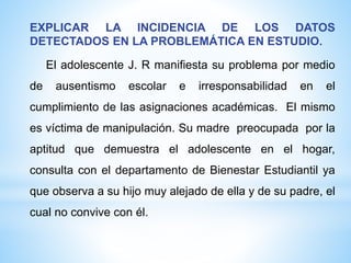 EXPLICAR LA INCIDENCIA DE LOS DATOS
DETECTADOS EN LA PROBLEMÁTICA EN ESTUDIO.
El adolescente J. R manifiesta su problema por medio
de ausentismo escolar e irresponsabilidad en el
cumplimiento de las asignaciones académicas. El mismo
es víctima de manipulación. Su madre preocupada por la
aptitud que demuestra el adolescente en el hogar,
consulta con el departamento de Bienestar Estudiantil ya
que observa a su hijo muy alejado de ella y de su padre, el
cual no convive con él.
 