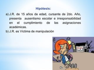 Hipótesis:
a) J.R. de 15 años de edad, cursante de 2do. Año,
presenta ausentismo escolar e irresponsabilidad
en el cumplimiento de las asignaciones
académicas.
b) J.R. es Víctima de manipulación
 