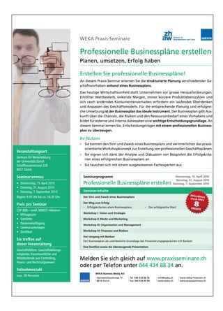 ERFOLG            Workshop                                                                     Ausgabe 1        Februar 2010             33



PECOPP® – Unternehmensführung für
nachhaltigen Erfolg als Workshop
Seine Praxis-Tauglichkeit hat PECOPP®            Spiel, nicht nur weil man schlechte Aufträge   Workshop-Methode
hundertfach in Krisen-Situationen bewie-         annehmen könnte, sondern weil man evtl.        Praktische Übungen in Klein-Gruppen
sen. Inzwischen ist PECOPP® auch für den         auch auf gute Aufträge verzichtet – «weniger   SKV: min. 4 Pers. / max. 6 Pers. pro Termin
prophylaktischen Einsatz als einfache            Offerten – mehr Aufträge» lautet das Motto.    Teilnehmerkreis
und sichere Unternehmensführung für                                                             KMU-Unternehmer/-innen, KMU-Geschäfts-
KMU zur schnellen Kostenkontrolle und            Workshop-Inhalt                                führer
Verbesserung der Rentabilität etabliert.         Sie erstellen selbständig mit der PECOPP®-     Es sind keine vertieften betriebswirtschaftli-
                                                 Software basierend auf den eigenen Unter-      chen Kenntnisse erforderlich. Sie benötigen ei-
Workshop-Ziel                                    nehmenszahlen Ihr firmenspezifisches:          nen eigenen Laptop und Excel-Grundkennt-
Jeder Teilnehmer kann, ohne weitere Haus-                                                       nisse.
aufgabe, direkt nach dem Workshop sein Un-       • Jahres-Budget (Plan-Erfolgsrechnung)         Termine / Ort
ternehmen im Bezug auf Leistung und              • Controlling-System (monatlicher Soll-/Ist-   11. / 12.03.2010 in Hünenberg / ZG
Produktivität aktiv steuern (monatlicher Soll-     Vergleich)                                   25. / 26.03.2010 in Bern
/Ist-Vergleich). Daneben wird die Zuschlags-     und üben deren Praxis-Anwendung. Darauf        Investition
kalkulation hinterfragt, welche keine Mög-       aufbauend erarbeiten Sie eine Entschei-        CHF 1'640.– (inkl. PECOPP®-Software, Doku-
lichkeit bietet, qualifiziert über die Annah-    dungskalkulation für Ihre Produkte / Dienst-   mentation, Lunch und Pausengetränke)
me / Ablehnung von Aufträgen zu                  leistungen und üben dieses Werkzeug so         Referent
entscheiden. Denn aus dem Bauch heraus           einzusetzen, um damit in den Abgebotsrun-      Dieter Baunach, Dipl. Ing. (FH), Inhaber PECOPP
gewährte Rabatte sind ein sehr gefährliches      den effizienter zu bestehen.                   Institut      Weitere Informationen auf Seite 46




GEARY Snow Bikes
MyBalance – Gesund und aktiv
 GEARY Snow Bikes vereinen die Eigenschaften von Mountainbike, BMX und Snowboard zu einem Sportgerät der absoluten Extraklasse.
 Test Days und Vermietstationen finden Sie online. Sehr beliebt auch für Firmen-Events.

 MyBalance – Gesund und aktiv unterstützt Ihre Gesundheit auf einfache Art mit auserlesenen Natur-Produkten.
 Der ZappSack garantiert Entspannung und nachhaltige Regeneration.

 Herzlich willkommen bei www.geary-snowbikes.ch | www.mybalance.ch                                                               Kony Linder
                                                                                                Weitere Informationen und Adresse auf Seite 46

Anzeigen
 