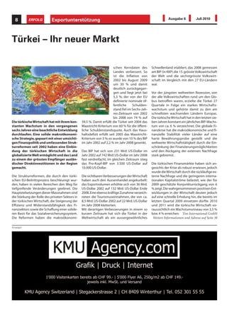 8        ERFOLG          Exportunterstützung                                                                  Ausgabe 6           Juli 2010




Türkei – Ihr neuer Markt

                                                                         schen Kerndaten des        Schwellenland etabliert, das 2008 gemessen
                                                                         Landes verbessert. So      am BIP (in KKP) die 15. grösste Volkswirtschaft
                                                                         ist die Inflation von      der Welt und die sechstgrösste Volkswirt-
                                                                         2002 bis August 2009       schaft im Vergleich mit den 27 EU-Ländern
                                                                         um 30 % und damit          war.
                                                                         deutlich zurückgegan-
                                                                         gen und liegt jetzt bei    Vor der jüngsten weltweiten Rezession, von
                                                                         5,3 %; der von der EU      der alle Volkswirtschaften rund um den Glo-
                                                                         definierte nominale öf-    bus betroffen waren, erzielte die Türkei 27
                                                                         fentliche     Schulden-    Quartale in Folge ein starkes Wirtschafts-
                                                                         stand fiel im Sechs-Jah-   wachstum und gehörte damit zu den am
                                                                         res-Zeitraum von 2002      schnellsten wachsenden Ländern Europas.
                                                                         bis 2008 von 74 % auf      Die türkische Wirtschaft hat in den letzten sie-
Die türkische Wirtschaft hat mit ihrem kon-      39,5 %. Damit erfüllt die Türkei seit 2004 das     ben Jahren konstant ein jährliches BIP-Wachs-
stanten Wachstum in den vergangenen              Maastricht-Kriterium von 60 % für die öffent-      tum von ca. 6 % verzeichnet. Die globale Fi-
sechs Jahren eine beachtliche Entwicklung        liche Schuldenstandsquote. Auch das Haus-          nanzkrise hat die makroökonomische und fi-
durchlaufen. Eine solide makroökonomi-           haltsdefizit erfüllt seit 2005 das Maastricht-     nanzielle Stabilität vieler Länder auf eine
sche Strategie, gepaart mit einer umsichti-      Kriterium von 3 %; es wurde von 10 % des BIP       harte Bewährungsprobe gestellt und die
gen Finanzpolitik und umfassenden Struk-         im Jahr 2002 auf 2,2 % im Jahr 2008 gesenkt.       weltweite Wirtschaftstätigkeit durch die Ein-
turreformen seit 2002 haben eine Einbin-                                                            schränkung der Finanzierungsmöglichkeiten
dung der türkischen Wirtschaft in die            Das BIP hat sich von 231 Mrd. US-Dollar im         und den Rückgang der externen Nachfrage
globalisierte Welt ermöglicht und das Land       Jahr 2002 auf 742 Mrd. US-Dollar im Jahr 2008      stark gebremst.
zu einem der grössten Empfänger auslän-          fast verdreifacht; im gleichen Zeitraum stieg
discher Direktinvestitionen in der Region        das Pro-Kopf-BIP von 3.500 US-Dollar auf           Die türkischen Finanzmärkte haben sich an-
gemacht.                                         10.000 US-Dollar.                                  gesichts der Krise als robust erwiesen, jedoch
                                                                                                    wurde die Wirtschaft durch die rückläufige ex-
Die Strukturreformen, die durch den türki-       Die sichtbaren Verbesserungen der Wirtschaft       terne Nachfrage und die geringeren interna-
schen EU-Beitrittsprozess beschleunigt wur-      haben auch den Aussenhandel angekurbelt:           tionalen Kapitalströme belastet, wie der für
den, haben in vielen Bereichen den Weg für       das Exportvolumen erhöhte sich von 36 Mrd.         2009 geschätzte Konjunkturrückgang von 6
tiefgreifende Veränderungen geebnet. Die         US-Dollar 2002 auf 132 Mrd. US-Dollar Ende         % zeigt. Die wahrgenommenen positiven Ent-
Hauptzielsetzungen dieser Massnahmen sind        2008. Eine ebenso kräftige Zunahme verzeich-       wicklungen in der Wirtschaft deuten jedoch
die Stärkung der Rolle des privaten Sektors in   neten die Tourismuseinnahmen, die von ca.          auf eine schnelle Erholung hin, die bereits im
der türkischen Wirtschaft, die Steigerung der    8,5 Mrd. US-Dollar 2002 auf 22 Mrd. US-Dollar      letzten Quartal 2009 einsetzen dürfte. 2010
Effizienz und Widerstandsfähigkeit des Fi-       im Jahr 2008 kletterten.                           und 2011 wird die türkische Wirtschaft vo-
nanzsektors sowie die Schaffung einer solide-    Mit derartigen Verbesserungen in einem so          raussichtlich ein Wachstumsniveau von 3,5 %
ren Basis für das Sozialversicherungssystem.     kurzen Zeitraum hat sich die Türkei in der         bzw. 4 % erreichen. Tim International GmbH
Die Reformen haben die makroökonomi-             Weltwirtschaft als ein aussergewöhnliches           Weitere Informationen und Adresse auf Seite 38

Anzeigen
 