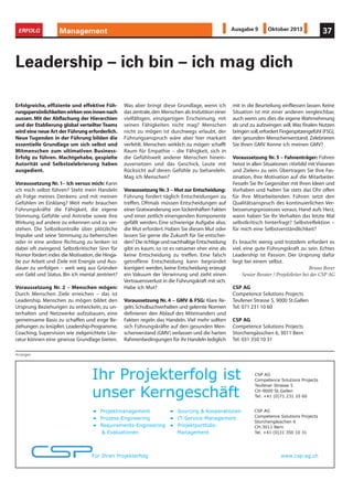 Management 37ERFOLG Ausgabe 9 Oktober 2013
Erfolgreiche, effiziente und effektive Füh-
rungspersönlichkeitenwirkenvoninnennach
aussen. Mit der Abflachung der Hierarchien
und der Etablierung global verteilter Teams
wird eine neue Art der Führung erforderlich.
Neue Tugenden in der Führung bilden die
essentielle Grundlage um sich selbst und
Mitmenschen zum ultimativen Business-
Erfolg zu führen. Machtgehabe, gespielte
Autorität und Selbstzelebrierung haben
ausgedient.
Voraussetzung Nr. 1– Ich versus mich: Kann
ich mich selbst führen? Steht mein Handeln
als Folge meines Denkens und mit meinen
Gefühlen im Einklang? Weit mehr brauchen
Führungskräfte die Fähigkeit, die eigene
Stimmung, Gefühle und Antriebe sowie ihre
Wirkung auf andere zu erkennen und zu ver-
stehen. Die Selbstkontrolle über plötzliche
Impulse und seine Stimmung zu beherrschen
oder in eine andere Richtung zu lenken ist
dabei oft zwingend. Selbstkritischer Sinn für
Humor fördert indes die Motivation,die Hinga-
be zur Arbeit und Ziele mit Energie und Aus-
dauer zu verfolgen – weit weg aus Gründen
von Geld und Status. Bin ich mental zentriert?
Voraussetzung Nr. 2 – Menschen mögen:
Durch Menschen Ziele erreichen – das ist
Leadership. Menschen zu mögen bildet den
Ursprung Beziehungen zu entwickeln, zu un-
terhalten und Netzwerke aufzubauen, eine
gemeinsame Basis zu schaffen und enge Be-
ziehungen zu knüpfen. Leadership-Programme,
Coaching, Supervision wie zielgerichtete Lite-
ratur können eine gewisse Grundlage bieten.
Leadership – ich bin – ich mag dich
Was aber bringt diese Grundlage, wenn ich
das zentrale,den Menschen als Instutition einer
vielfältigen, einzigartigen Erscheinung, mit
seinen Fähigkeiten nicht mag? Menschen
nicht zu mögen ist durchwegs erlaubt, der
Führungsanspruch wäre aber hier markant
verfehlt. Menschen wirklich zu mögen schafft
Raum für Empathie – die Fähigkeit, sich in
die Gefühlswelt anderer Menschen hinein-
zuversetzen und das Geschick, Leute mit
Rücksicht auf deren Gefühle zu behandeln.
Mag ich Menschen?
Voraussetzung Nr.3 – Mut zur Entscheidung:
Führung fordert täglich Entscheidungen zu
treffen. Oftmals müssen Entscheidungen auf
einer Gratwanderung von lückenhaften Fakten
und einer zeitlich einengenden Komponente
gefällt werden. Eine schwierige Aufgabe also,
die Mut erfordert. Haben Sie diesen Mut oder
lassen Sie gerne die Zukunft für Sie entschei-
den? Die richtige und nachhaltige Entscheidung
gibt es kaum, so ist es ratsamer eher eine als
keine Entscheidung zu treffen. Eine falsch
getroffene Entscheidung kann begründet
korrigiert werden, keine Entscheidung erzeugt
ein Vakuum der Verwirrung und zieht einen
Vertrauensverlust in die Führungskraft mit sich.
Habe ich Mut?
Voraussetzung Nr. 4 – GMV & FSG: Klare Re-
geln,Schulbuchverhalten und gelernte Normen
definieren den Ablauf des Miteinanders und
Fakten regeln das Handeln. Viel mehr sollten
sich Führungskräfte auf den gesunden Men-
schenverstand (GMV) verlassen und die harten
Rahmenbedingungen für ihr Handeln lediglich
mit in die Beurteilung einfliessen lassen. Keine
Situation ist mit einer anderen vergleichbar,
auch wenn uns dies die eigene Wahrnehmung
ab und zu aufzwingen will.Was finalen Nutzen
bringen soll,erfordert Fingerspitzengefühl (FSG),
den gesunden Menschenverstand. Zelebrieren
Sie Ihren GMV. Kenne ich meinen GMV?
Voraussetzung Nr. 5 – Fahnenträger: Führen
heisst in allen Situationen «Vorbild mit Visionen
und Zielen» zu sein. Übertragen Sie Ihre Fas-
zination, Ihre Motivation auf die Mitarbeiter.
Fesseln Sie Ihr Gegenüber mit Ihren Ideen und
Vorhaben und halten Sie stets das Ohr offen
für Ihre Mitarbeitenden. Führen setzt den
Qualitätsanspruch des kontinuierlichen Ver-
besserungsprozesses voraus. Hand aufs Herz,
wann haben Sie Ihr Verhalten das letzte Mal
selbstkritisch hinterfragt? Selbstreflektion –
für mich eine Selbstverständlichkeit?
Es braucht wenig und trotzdem erfordert es
viel, eine gute Führungskraft zu sein. Echtes
Leadership ist Passion. Der Ursprung dafür
liegt bei einem selbst.
Bruno Borer
Senior Berater / Projektleiter bei der CSP AG
CSP AG
Competence Solutions Projects
Teufener Strasse 5, 9000 St.Gallen
Tel. 071 231 10 60
CSP AG
Competence Solutions Projects
Storchengässchen 6, 3011 Bern
Tel. 031 350 10 31
Anzeigen
Für Ihren Projekterfolg
Ihr Projekterfolg ist
unser Kerngeschäft
CSP AG
Competence Solutions Projects
Teufener Strasse 5
CH-9000 St.Gallen
Tel. +41 (0)71 231 10 60
CSP AG
Competence Solutions Projects
Storchengässchen 6
CH-3011 Bern
Tel. +41 (0)31 350 10 31
Projektmanagement
Prozess-Engineering
Requirements-Engineering
& Evaluationen
Sourcing & Kooperationen
IT-Service-Management
Projektportfolio-
Management
www.csp-ag.ch
 