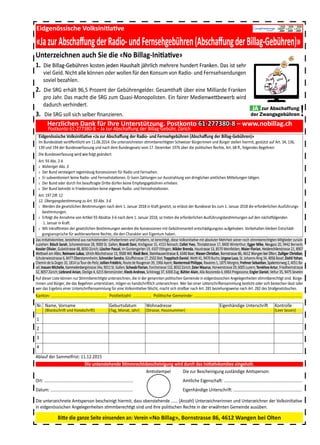 ŝĚŐĞŶƂƐƐŝƐĐŚĞ VFKZHL] 
ͨ:Ă ǌƵƌ ďƐĐŚĂī 
hŶƚĞƌǌĞŝĐŚŶĞŶ 
1. Die Billag-Gebühr 
ŝĚŐĞŶƂƐƐŝƐĐŚĞsŽůŬƐŝŶŝƟĂƟǀĞ 
ͨ:ĂǌƵƌďƐĐŚĂīƵŶŐĚĞƌZĂĚŝŽͲƵŶĚĞƌŶƐĞŚŐĞďƺŚƌĞŶ;ďƐĐŚĂīƵŶŐĚƐĐŚĂīƵŶŐ ĚĞƌ ĞƌŝůůĂŐͲ'ĞďƺŚƌĞŶͿͩ 
ŝůůĂŐͲ' 
JA 
Ğ  
sŽůŬƐŝŶŝƟĂƟǀĞ 
īƵŶŐ ĚĞƌ ZĂĚŝŽͲ ƵŶĚ  
ĂƵĐŚ ^ŝĞ ĚŝĞ «EŽ ŝůů 
         
     
ĞƌŶƐĞŚŐĞďƺŚƌĞŶ ;ďƐ 
ĂŐͲ/ŶŝƟĂƟǀĞͩ 
jährlich mehr e hundert Frank 
g-n k t n jeden Haushalt jährlic 
ank n. Das ist sehr 
Gebühren kosten t können oder wollen für den K 
mehrere n Konsum von Radio- und F 
             
             
ϵϲ͕ϱ WƌŽǌĞŶƚ ĚĞƌ 'ĞďƺŚƌĞŶŐĞ 
ĂĐŚƚ ĚŝĞ ^Z' ǌƵŵ YƵĂƐŝͲDŽŶ 
dert. 
Ś ƐĞůďĞƌ ĮŶĂŶǌŝĞƌĞŶ͘ 
ĂŶŬ Ĩƺƌ /ŚƌĞ hŶƚĞƌƐƚ 
ϳϳϯϴϬ ϴ : ď Ś ī Ě 
      
ĞůĚĞƌƌ͘͘ 'ĞƐĂŵƚŚĂŌ ƺďĞƌ ĞŝŶĞ 
ŶŽƉŽůŝƐƚĞŶ͘ ŝŶ ĨĂŝƌĞƌ DĞĚŝĞŶ 
Abschaffung 
angsgebühren! 
,ĞƌǌůŝĐŚĞŶĂŶŬĨƺƌ/ŚƌĞhŶƚĞƌƐƚƺƚǌƵŶŐ͘WŽƐƚŬŽŶƚŽϲϭͲϮϳϳϯϴϬͲϴʹ    ƺƚǌƵŶ ͘  WŽƐƚŬŽŶƚŽ  ϲϲϭϭ 
 ǁǁǁ͘ŶŽďŝůůĂŐ͘ĐŚ 
 
WŽƐƚŬŽŶƚŽϲϭͲϮϳϳϯϴϬͲϴʹ:ĂǌƵƌďƐĐŚĂīƵŶŐĚĞƌŝůůĂŐͲ'ĞďƺŚƌ͕ƺWŽƐƚŬŽŶƚŽ  ϲϭͲϮϳ 
ϳϳϯϴϬͲϴ  ʹ  :Ă  ǌƵƌ  ďƐĐŚĂīƵŶŐ  ĚĞ 
Ğƌ  ŝůůĂŐͲ'ĞďƺŚƌƌ͕͕  
ƺƌŝĐŚ 
ƌŝĐŚ 
           
ĚŝŽͲ ƵŶĚ ĞƌŶƐĞŚŐĞďƺŚƌĞŶ ;ďƐĐŚĂī 
ƐƟŵŵďĞƌĞĐŚƟŐƚĞŶ ^ĐŚǁĞŝǌĞƌ ƺƌŐĞƌŝŶŶ 
ǀŽŵ ϭϳ͘ ĞǌĞŵďĞƌ ϭϵϳϲ ƺďĞƌ ĚŝĞ ƉŽůŝƟƐĐ 
īƵŶŐ ĚĞƌ ŝůůĂŐͲ'ĞďƺŚƌĞŶͿͩ 
ŶĞŶ ƵŶĚ ƺƌŐĞƌ ƐƚĞůůĞŶ ŚŝĞƌŵŝƚ͕ ŐĞƐƚƺƚǌƚ 
ĐŚĞŶ ZĞĐŚƚĞ͕ ƌƚ͘ ϲϴ ī͕͘͘ ĨŽůŐĞŶĚĞƐ ĞŐĞŚ 
                   
                     
ƌƚ͘ ϭϵϳ ŝīī͘͘ ϭϮ 
ϭϮ͘ mďĞƌŐĂŶŐƐďĞƐƟŵŵƵŶŐ 
1 tĞƌĚĞŶ ĚŝĞ ŐĞƐĞƚǌůŝĐŚĞŶ 
ďĞƐƟŵŵƵŶŐĞŶ͘ 
2 ƌĨŽůŐƚ ĚŝĞ ŶŶĂŚŵĞ ǀŽŶ 
ϭ͘ :ĂŶƵĂƌ ŝŶ ƌĂŌ͘ 
3 Dŝƚ /ŶŬƌĂŌƚƌĞƚĞŶ ĚĞƌ ŐĞƐ 
ŐƵŶŐƐĂŶƐƉƌƺĐŚĞ Ĩƺƌ ǁŽŚ 
Ő 
Ő ǌƵ ƌƚ͘ ϵϯ ďƐ͘ ϯͲϲ 
Ŷ ĞƐƟŵŵƵŶŐĞŶ ŶĂĐŚ ĚĞŵ ϭ͘ :ĂŶƵĂƌ ϮϬϭ 
Ŷ ƌƟŬĞů ϵϯ ďƐćƚǌĞ ϯͲϲ ŶĂĐŚ ĚĞŵ ϭ͘ :ĂŶ 
ƐĞƚǌůŝĐŚĞŶ ĞƐƟŵŵƵŶŐĞŶ ǁĞƌĚĞŶ ĚŝĞ Ž 
ŚůĞƌǁŽƌďĞŶĞ ZĞĐŚƚĞ͕ ĚŝĞ ĚĞŶ ŚĂƌĂŬƚĞƌ ǀ 
ϭϴ ŝŶ ƌĂŌ ŐĞƐĞƚǌƚ͕ ƐŽ ĞƌůćƐƐƚ ĚĞƌ ƵŶĚĞƐ 
ƵĂƌ ϮϬϭϴ͕ ƐŽ ƚƌĞƚĞŶ ĚŝĞ ĞƌĨŽƌĚĞƌůŝĐŚĞŶ  
ŽŶǌĞƐƐŝŽŶĞŶ ŵŝƚ 'ĞďƺŚƌĞŶĂŶƚĞŝů ĞŶƚƐĐŚć 
ǀŽŶ ŝŐĞŶƚƵŵ ŚĂďĞŶ͘ 
ƐƌĂƚ ďŝƐ ǌƵŵ ϭ͘ :ĂŶƵĂƌ ϮϬϭϴ ĚŝĞ ĞƌĨŽƌĚĞƌů 
ƵƐĨƺŚƌƵŶŐƐďĞƐƟŵŵƵŶŐĞŶ ĂƵĨ ĚĞŶ ŶćĐŚ 
ćĚŝŐƵŶŐƐůŽƐ ĂƵĨŐĞŚŽďĞŶ͘ sŽƌďĞŚĂůƚĞŶ ďů 
ŝĐŚĞŶ ƵƐĨƺŚƌƵŶŐƐͲ 
ƐƞŽůŐĞŶĚĞŶ 
ĞŝďĞŶ ŶƚƐĐŚćĚŝͲ 
                   
ďĞƌŶ͕ ŝƐƚ ďĞƌĞĐŚƟŐƚ͕ ĚŝĞƐĞ sŽůŬƐŝŶŝƟĂƟǀĞ ŵŝƚ Ă 
chgasse 15, 4153 Reinach; ŽůůĞƚ zǀǀĞƐ, Tösstals 
ĞŶ ϭϵ͕ ϰϭϬϳ ƫŶŐĞŶ͖ DćĚĞƌ ƌĞŶĚĂ, Haustrasse 13, 
ĞŶŝ Steinhauser trasse 8, 6340 Baar; ZŝĞƐĞŶ 
    
          
            
ŬĂ ͕ hůƌŝĐŚͲZƂƐĐŚƐƚƌĂƐƐĞ ϭϯ͕ tŝů͖ Oberstammheim; ^ĐŚŶĞŝĚĞƌ ^ĂŶĚƌĂ͕ 'ƂƵĸƐƚƌĂƐƐĞ 
ĞŶ , Steinhauserstrasse Ğ ϭϳ͕ ϮϱϬϮ ŝĞů͖ dƌĂƉƉŝƚƐĐŚ ĂŶŝĞů͕tĞƫϰϭ͕ ϵϰ 
ŐĞŶĂŶ ϯϵ͕ ϭϵϲϲ ǇĞŶƚ͖ EĂŶƚĞƌŵŽĚ WŚŝůŝƉƉĞ͕ Z 
ƌŝĂŶ, Forchstrasse 132, 8032 Zürich; ĞŝĞƌDĂƵ 
ĂƐ, Schönegg 37, 6300 Zug; ƺŚůĞƌ ůĂŝŶ͕ ůůĂ 
ĚĞƌ ŐĞŶĂŶŶƚĞŶ ƉŽůŝƟƐĐŚĞŶ 'ĞŵĞŝŶĚĞ ŝŶ Ğ 
ŚƌŝŌůŝĐŚ ƵŶƚĞƌǌĞŝĐŚŶĞŶ͘ tĞƌ ďĞŝ ĞŝŶĞƌ hŶ 
ǀĞ ĨćůƐĐŚƚ͕ ŵĂĐŚƚ ƐŝĐŚ ƐƚƌĂĩĂƌ ŶĂĐŚ ƌƚ͘ 
͘͘͘͘͘͘͘͘ WŽůŝƟƐĐŚĞ 'ĞŵĞŝŶĚĞ͗ ͘͘͘͘͘͘͘͘͘ 
tŽŚŶĂĚƌĞƐƐĞ 
;^ƚƌĂƐƐĞ͕ ,ĂƵƐŶƵŵŵĞƌ 
              
               
tĞƩƐǁŝů Ăŵ ůďŝƐ Schulerwiesstrasse 6, 8477 Ober 
Chemin de la Doges 10, 1814 La T 
sel; /ŶĂƵĞŶDŝĐŚĞůůĞ, Kammelenber 
32, 8057 Zürich; ŝĞďƌĂŶĚ ŶŝĂŶ 
ƵĨ ĚŝĞƐĞƌ ŝƐƚĞ ŬƂŶŶĞŶ ŶƵƌ ^ 
ƌŝŶŶĞŶ ƵŶĚ ƺƌŐĞƌ͕ ĚŝĞ ĚĂƐ  
ǁĞƌ ĚĂƐ ƌŐĞďŶŝƐ ĞŝŶĞƌ hŶƚĞƌ 
ĂŶƚŽŶ͗ ͘͘͘͘͘͘͘͘͘͘͘͘͘͘͘͘͘͘͘͘͘͘͘͘ 
Eƌƌ͘͘ EĂŵĞ͕ sŽƌŶĂŵĞ 
Tour-de-Peilz; :ŽůůŝĞŶ ƌĠĚĠƌŝĐ͕ ZŽƵƚĞ ĚĞ ZŽƵŐ 
    
ammelenbergstrasse 34a, 9011 St. Gallen; ^ĐŚǁĂď ůŽƌ 
              
Ŷ, Oezlige 4, 6215 Beromünster; ůĞĞď ŶĚƌĞĂ 
^ƟŵŵďĞƌĞĐŚƟŐƚĞ ƵŶƚĞƌǌĞŝĐŚŶĞŶ͕ ĚŝĞ ŝŶ Ě 
ĞŐĞŚƌĞŶ ƵŶƚĞƌƐƚƺƚǌĞŶ͕ ŵƂŐĞŶ ĞƐ ŚĂŶĚƐĐ 
ƌƐĐŚƌŝŌĞŶƐĂŵŵůƵŶŐ Ĩƺƌ ĞŝŶĞ sŽůŬƐŝŶŝƟĂƟ 
͘͘͘͘͘͘͘͘͘͘͘͘͘͘͘͘͘͘͘͘͘͘͘ WŽƐƚůĞŝƚǌĂŚů͗ ͘͘͘͘͘͘͘͘ 
                  
                     
                    
      
           
              
   
ϭϭ͘ϭϮ͘ϮϬϭϱ 
ŝĞ ƵŶƚĞŶƐƚĞŚĞŶĚĞ ^ƟŵŵƌĞĐŚ 
ƚƐďĞƐĐŚĞŝŶŝŐƵŶŐ ǁŝƌĚ ĚƵƌĐŚ ĚĂƐ /Ŷ 
ŝĞƵŶƚĞŶƐƚĞŚĞŶĚĞ^ƟŵŵƌĞĐŚƚƐďĞƐĐŚĞŝŶŝŐƵŶŐǁŝƌĚĚƵƌĐŚĚĂƐ/ŶŝƟĂƟǀŬŽŵŝƚĞĞĞŝŶŐĞŚŽůƚ͘ 
ŶŝƟĂƟǀŬŽŵŝƚĞĞ ĞŝŶŐĞŚŽůƚ͘ 
ŚĞŝŶŝŐƵŶŐ ǌƵƐƚćŶĚŝŐĞ ŵƚƐƉĞƌƐŽŶ 
͗ 
           
Kƌƚ͗ ͘͘͘͘͘͘͘͘͘͘͘͘͘͘͘͘͘͘͘͘͘͘͘͘͘͘͘͘͘͘͘ 
ĂƚƵŵ͗ ͘͘͘͘͘͘͘͘͘͘͘͘͘͘͘͘͘͘͘͘͘͘͘͘͘͘ 
ŝĞ ƵŶƚĞƌǌĞŝĐŚŶĞƚĞ ŵƚƐ 
ŝŶ ĞŝĚŐĞŶƂƐƐŝƐĐŚĞŶ ŶŐĞ 
      
       
              
             
͘͘͘͘͘͘͘͘͘͘͘͘͘͘͘͘͘͘͘͘͘͘͘͘͘͘͘͘͘͘͘͘͘͘͘͘͘͘͘͘͘͘͘͘͘͘ 
͘͘͘͘͘͘͘͘͘͘͘͘͘͘͘͘͘͘͘͘͘͘͘͘͘͘͘͘͘͘͘͘͘͘͘͘͘͘͘͘͘͘͘͘͘͘ 
ƐƉĞƌƐŽŶ ďĞƐĐŚĞŝŶŝŐƚ ŚŝĞƌŵŝƚ͕ ĚĂƐƐ 
ĞůĞŐĞŶŚĞŝƚĞŶ ƐƟŵŵďĞƌĞĐŚƟŐƚ ƐŝŶĚ 
ĂŶǌĞ ^ĞŝƚĞ ĞŝŶƐĞŶĚĞŶ ĂŶ͗ sĞƌ 
Ŷ 
ŝƩĞ ĚŝĞ Ő 
Ğ 
ŐĞŶƐĐŚĂŌ͗ ͘͘͘͘͘͘͘͘͘͘͘͘͘͘͘͘͘͘͘͘͘͘͘͘͘͘͘͘͘͘͘͘͘͘͘͘͘͘ 
Ğ hŶƚĞƌƐĐŚƌŝŌ͗ ͘͘͘͘͘͘͘͘͘͘͘͘͘͘͘͘͘͘͘͘͘͘͘͘͘͘͘͘͘͘ 
ƌǌĞŝĐŚŶĞƌŝŶŶĞŶ ƵŶĚ hŶƚĞƌǌĞŝĐŚŶĞƌ 
Ğƌ ĞƌǁćŚŶƚĞŶ 'ĞŵĞŝŶĚĞ ĂƵƐƺďĞŶ͘ 
ƐĞ ϴϲ͕ ϰϲϭϮtĂŶŐĞŶ ďĞŝ 
Ŷ 
              
   
               
          
         
   
      
                       
 
                    
    
              
          
       
VF FKZHL] 'ĞďƺŚƌĞŶͿͩ 
viel Geld. Nicht alle k 
soviel bezahlen. 
2. ŝĞ ^Z' ĞƌŚćůƚ ϵ 
ƉƌŽ :ĂŚƌƌ͘͘ ĂƐ ŵĂ 
dadurch verhinde 
3. ŝĞ ^Z' ƐŽůů ƐŝĐŚ 
,ĞƌǌůŝĐŚĞŶ 
W ƚŬ ƚ ϲϭ Ϯϳ 
Ő 
' 
ďƺŚ ƺ ŝ Ś 
ŝůů 
zur Abschaf 
der Zwangsgebühren 
anken. Fernsehsendungen 
DŝůůŝĂƌĚĞ ƌĂŶŬĞŶ 
ŶǁĞƩďĞǁĞƌď ǁŝƌĚ 
ͲϮϮϳϳϳϳϯϯϴϴϴϬϬϬͲϴϴ ʹ ǁǁǁ͘ŶŽď 
g Billa 
ďŝůůĂŐ͘ĐŚ 
ŝĚŐĞŶƂƐƐŝƐĐŚĞ ssŽŽůŬƐŝŶŝ 
/ŵ ƵŶĚĞƐďůĂƩ ǀĞƌƂīīĞĞŶƚůŝĐ 
ϭϯϵ ƵŶĚ ϭϵϰ ĚĞƌ ƵŶĚĞƐǀĞ 
Die Bundesverfassung wird wie f 
ƌƚ͘ ϵϯ ďƐ͘ ϮͲϲ 
2 Bisheriger Abs. 3 
3 Der Bund versteigert reg 
4 ƌ ƐƵďǀĞŶƟŽŶŝĞƌƚ ŬĞŝŶĞ 
5 Ğƌ ƵŶĚ ŽĚĞƌ ĚƵƌĐŚ ŝŚŶ 
6 Ğƌ ƵŶĚ ďĞƚƌĞŝďƚ ŝŶ ƌŝĞ 
ŝƟĂƟǀĞ ͨ:Ă ǌƵƌ ďƐĐŚĂīƵŶŐ ĚĞƌ ZĂĚ 
ĐŚƚ Ăŵ ϭϭ͘Ϭϲ͘ϮϬϭϰ͘ ŝĞ ƵŶƚĞƌǌĞŝĐŚŶĞƚĞŶ 
ĞƌĨĂƐƐƵŶŐ ƵŶĚ ŶĂĐŚ ĚĞŵ ƵŶĚĞƐŐĞƐĞƚǌ ǀ 
d folgt geändert: 
gelmässig Konzessionen für Radio und Fe 
ZĂĚŝŽͲ ƵŶĚ ĞƌŶƐĞŚƐƚĂƟŽŶĞŶ͘ ƌ ŬĂŶŶ Ă 
Ŷ ďĞĂƵŌƌĂŐƚĞ ƌŝƩĞ ĚƺƌĨĞŶ ŬĞŝŶĞ ŵƉĨĂŶ 
ĞĚĞŶƐǌĞŝƚĞŶ ŬĞŝŶĞ ĞŝŐĞŶĞŶ ZĂĚŝŽͲ ƵŶĚ Ğ 
ernsehen. 
ĂŚůƵŶŐĞŶ ǌƵƌ ƵƐƐƚƌĂŚůƵŶŐ ǀŽŶ ĚƌŝŶŐůŝĐŚĞ 
ŶŐƐŐĞďƺŚƌĞŶ ĞƌŚĞďĞŶ͘ 
ĞƌŶƐĞŚƐƚĂƟŽŶĞŶ͘ 
ĞŶ ĂŵƚůŝĐŚĞŶ DŝƩĞŝůƵŶŐĞŶ ƚćƟŐĞŶ͘ 
ĂƵĨ ƌƚ͘ ϯϰ͕ ϭϯϲ͕ 
ƌĞŶ͗ 
ĂƐ /ŶŝƟĂƟǀŬŽŵŝƚĞĞ͕ ďĞƐƚĞŚĞŶĚ 
zuziehen: ƂƐĐŚ ^ĂƌĂŚ, Schorens 
ĞƐƐůĞƌ KůŝǀŝĞƌ, Gubelstrasse 48, 
t Ʃ ŝů ůďŝ ZĞŝŵĂŶŶ ƵŬ 
ĂƵƐ ŶĂĐŚƐƚĞŚĞŶĚĞŶ hƌŚĞďĞƌŝŶŶĞŶ ƵŶĚ hƌŚĞ 
enstrasse 28, 9000 St. Gallen; ƌĂŶĚƚ ĂŶŝ, Kirchg 
asse 8050 Zürich; ƺƐĐŚĞƌ WĂƐĐĂů͕ /ŵ 'ƵŶƚĞŶŐĂƌƚĞ 
ŬĂƐ hů ŝ Ś ZƂ Ś ƚ ϭϯ ϵϱϬϬ tŝů ZŝĞĚŝ  
ĂďƐŽůƵƚĞƌ DĞŚƌŚĞŝƚ ƐĞŝŶĞƌ ŶŽĐŚ ƐƟŵŵďĞƌĞĐŚ 
alstrasse 17, 8400 Winterthur; ŐŐĞƌ DŝŬĞ, Neug 
asse 8570 Weinfelden; DĂŝĞƌ ůŽƌŝĂŶ, Heidenchilens 
ŚƌŝƐƟĂŶ Bornstrasse 86, 4612 W en bei Olt 
ƟŐƚĞŶ DŝƚŐůŝĞĚĞƌ ǌƵƌƺĐŬ- 
Neugass 20, 9442 Berneck; 
Heidenchilenstrasse 21, 8907 
ƵůůŝŐĞƌ ŚƌŝƐƟĂŶ 
͘ 
͖ 
Ŷ 
;ůŽĐŬƐĐŚƌŝŌ ƵŶĚ ,Ă 
͘ 
Ɛ 
Ϳ 
'ĞďƵƌƚƐĚĂƚƵŵ 
ŶĚƐĐŚƌŝŌͿ ;ddĂĂŐ͕ DŽŶĂƚ͕ :ĂŚƌ 
͘ 
ŝ 
Ϳ 
͘ 
, Wangen ϰϳϬ ƵĐŚƐ͖ hƌŐĞƐĞ ƵĐĂ, St. Johanns-Ring 34, 4056 
ĂǀĂŝƌĞƐ ϭ͕ ϭϴϳϱDŽƌŐŝŶƐ͖ ƌĞŚŶĞƌ ^ĞďĂƐƟĂŶ, Spalen 
ƵƌƵƐ, Horwerstrasse 29, 6005 Luzern; ddĞĞƌĞŬŚŽǀ 
ŽǌǌŽƌĞĚĂ ϰ͕ ϲϵϲϯ WƌĞŐĂƐƐŽŶĂ͖ ŶŐůĞƌ ĂŶŝĞů 
ŝĚŐĞŶƂƐƐŝƐĐŚĞŶ ŶŐĞůĞŐĞŶŚĞŝƚĞŶ ƐƟŵŵď 
ŶƚĞƌƐĐŚƌŝŌĞŶƐĂŵŵůƵŶŐ ďĞƐƟĐŚƚ ŽĚĞƌ ƐŝĐŚ 
Ϯϴϭ ďĞǌŝĞŚƵŶŐƐǁĞŝƐĞ ŶĂĐŚ ƌƚ͘ ϮϴϮ ĚĞƐ ^ 
͘͘͘͘͘͘͘͘͘͘͘͘͘͘͘͘͘͘͘͘͘͘͘͘͘͘͘͘͘͘͘͘͘͘͘͘͘͘͘͘͘͘͘͘͘͘͘͘͘͘͘͘͘ 
ŝŐĞŶŚćŶĚŝŐĞ hŶƚĞƌƐĐŚƌŝŌ 
͘ 
en; 
Ϳ 
, 
Basel; ŝĞŚůŝ zzŽŽŚĂŶ, 
Spalentorweg 2, 4051 Ba- 
ǀ ƌƚƵƌ, Friedheimstrasse 
͕ sĞůƚƵƌ ϯϱ͕ ϵϰϳϱ ^ĞǀĞůĞŶ 
ďĞƌĞĐŚƟŐƚ ƐŝŶĚ͘ ƺƌŐĞ- 
Ś ďĞƐƚĞĐŚĞŶ ůćƐƐƚ ŽĚĞƌ 
^ƚƌĂĨŐĞƐĞƚǌďƵĐŚĞƐ͘ 
͘͘͘͘͘͘͘͘͘͘͘͘͘͘͘͘͘͘͘͘͘͘͘͘͘͘͘͘ 
ŽŶƚƌŽůůĞ 
;ĞĞƌ ůĂƐƐĞŶ 
1 
2 
3 
4 
ďůĂƵĨ ĚĞƌ ^ĂŵŵĞůĨƌŝƐƚ͗ 
ƚ 
ŵƚƐƐƚĞŵƉĞů ŝĞ ǌƵƌ ĞƐĐ 
Ă 
ŵƚůŝĐŚĞ ŝŐ 
ŝŐĞŶŚćŶĚŝŐ 
͘͘͘͘͘͘͘͘͘͘͘͘͘͘͘͘͘͘͘͘͘͘͘͘͘͘͘͘͘͘ 
͘͘͘͘͘͘͘͘͘͘͘͘͘͘͘͘͘͘͘͘͘͘͘͘͘͘͘͘͘ 
ĚĞƌ sŽůŬƐŝŶŝƟĂƟǀĞ 
ŽďĞŶƐƚĞŚĞŶĚĞ ͘͘͘͘͘͘ ;ŶǌĂŚůͿ hŶƚĞƌ 
Ě ƵŶĚ ŝŚƌĞ ƉŽůŝƟƐĐŚĞŶ ZĞĐŚƚĞ ŝŶ ĚĞ 
Ğŝ ͨEŽ ŝůůĂŐ͕ͩ ŽƌŶƐƚƌĂƐ 
K 
KůƚĞ 
 