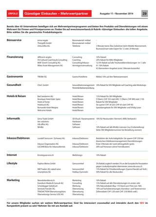 Bereits über 45 Unternehmen beteiligen sich am Mehrwertpartnerprogramm und bieten ihre Produkte und Dienstleistungen mit einem
Mehrwert für Firmen und Privatpersonen an. Finden Sie auf www.kmuverband.ch Rubrik «Günstiger Einkaufen» die tollen Angebote.
Bitte wählen Sie die gewünschte Produktkategorie:
Büroservice erma-regale Büromaterial/-möbel -
Thergofit GmbH Büromaterial/-möbel -
Zirkumflex AG Telefonie 3 Monate keine Abo-Gebühren beim Mobile Abonnement,
BusinessSmart oder Expert für 12 oder 24 Monate
Finanzierung different angles Consulting 10% Rabatt
HS Cultural Coaching & Consulting Coaching 20% Rabatt für KMU Mitglieder
MAF Zürich Consulting AG Consulting/Inkasso 12.5% Rabatt auf alleTreuhanddienstleistungen im 1.Jahr
Milesi Asset Management AG Vermögensverwaltung #1:10% Rabatt
#2:Kennenlern-Angebot:erste 3 Monate kostenfrei
Gastronomie TREWA AG Gastro/Hotellerie Möbel,10% auf den Nettowarenwert
Gesundheit CforC GmbH Gesundheitsmanagement 10%RabattfürSKVMitgliederaufCoachingoderWorkshops
Persönlichkeitsentwicklung
Hotels & Reisen Bad Seedamm AG Hotel/Reisen 15% Rabatt für SKV Mitglieder
Boutique Hotel Eden Spiez Hotel/Reisen 3 Übern.CHF 555 statt 690 / 5 Übern.CHF 890 statt 1150
Hotel al Ponte Hotel/Reisen Rabatt für SKV Mitglieder
Hotelcard AG Hotel/Reisen Sie sparen CHF 30 (d.h.CHF 65 statt CHF 95)
Romantik Hotel Margna Hotel/Reisen Spezialangebote für SKV Mitglieder und Erfolg-Leser
Welcome Hotels Hotel/Reisen -
Informatik GimaTrade GmbH 3DDruck /Kassensysteme 10% für Neukunden (Vermerk «KMUVerband»)
itec solutions Hardware -
UB-office AG Software -
WinBiz Software 10% Rabatt auf alleWinBiz Lizenzen (nur Erstbestellung)
(bitte SKV Mitgliedernummer bei Bestellung nennen)
Inkasso/Debitoren curabill Swisscom (Schweiz) AG Inkasso/Debitoren Reduktion der Aufschaltgebühr:Sie sparen CHF 250 bei
klassischen Debitorenmanagement-Dienstleistungen
Inkasso Organisation AG Inkasso/Debitoren Erste 3 Monate der icard Jahresgebühr gratis
LUCIANI Büro für Inkassodienste Inkasso/Debitoren 20% auf Honorare (ohne Fremdkosten)
Internet Einstiegsservice.ch WebDesign 10% Rabatt
Lifestyle PaphosWeine Gmbh Genussmittel 5%Rabatt;zugleichwerden5%andieEuropäischeAssoziation
gegen Leukodystrophie überwiesen.www.ela-asso.ch
NWTraders AG naked wine Genussmittel 15% Rabatt für Privatbestellungen (Gastro/Handel auf Anfr.)
smartphoto AG Hobbys/Sammeln 30% Rabatt für alle Neukunden
Marketing Newsletterdienst.ch Marketing 10% Rabatt
Exordium Media & Consult AG Consulting 15% Rabatt auf alle Dienstleistungen im ersten Jahr
Scheidegger Siebdruck Werbung 10% Naturalrabatt (Bsp.110 Stück zum Preis von 100).
SemioticTransfer AG Übersetzung 10% auf Fachübersetzungen,Korrektur- undTexterservice
TRADACTIONÜbersetzungsbüro Übersetzung Zeilenrabatt:CHF 3.20 statt CHF 3.50(MxSt.exkl.)
Übersetzungs-Service USG AG Übersetzung -
Für unsere Mitglieder suchen wir weitere Mehrwertpartner. Sind Sie interessiert crossmedial und interaktiv durch den SKV im
Rampenlicht präsent zu sein? Nehmen Sie mit uns Kontakt auf.
Günstiger Einkaufen – Mehrwertpartner 29ERFOLG Ausgabe 11 • November 2014
 